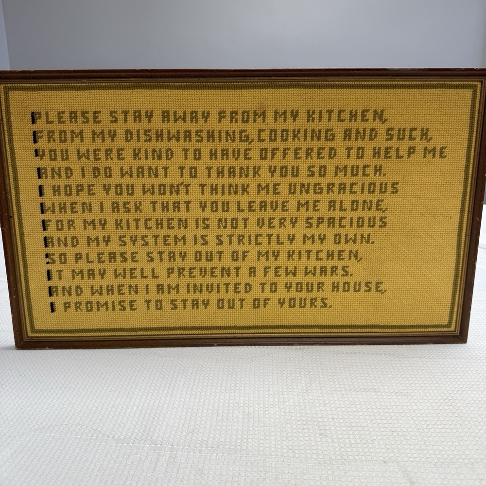 Vintage Cross Stitch Sampler In Frame Funny Stay Out Of My Kitchen Poem MCM 70s